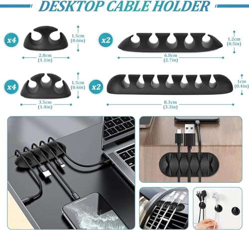 178pcs Cable Management Cord Organizer Kit, 45 Self Adhesive Cable Clips, 100 Fasten Cable Ties, 4 Cable Sleeve, 12 Desktop Cable Holder, 15pcs and 2 Roll Reusable Cable Ties for Home Office