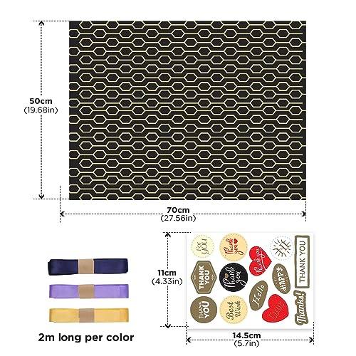 Bigqin 6 Sheet Black Gold Gift Wrapping Paper Set Recycled 70 * 50cm Gift Decoration Paper for Kids Boys Girls Women Men Christmas Birthday Holiday Valentine's Day Present Box, with Rope and Tape