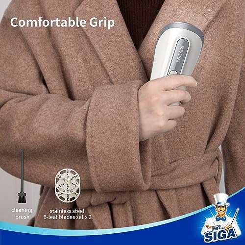 MR.SIGA Fabric Shaver and Lint Remover, Battery Operated Portable Lint Shaver with LED Lights, 2 Replaceable 6-Leaf Blades, Cream/Gray