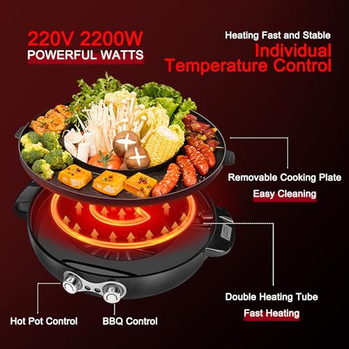 Food Party Hot Pot and Grill Electric Smokeless Grill 220V 2200W with Separable Cooking Plate Hotpot Korean BBQ Indoor Barbecue & Grill Shabu Shabu Pot