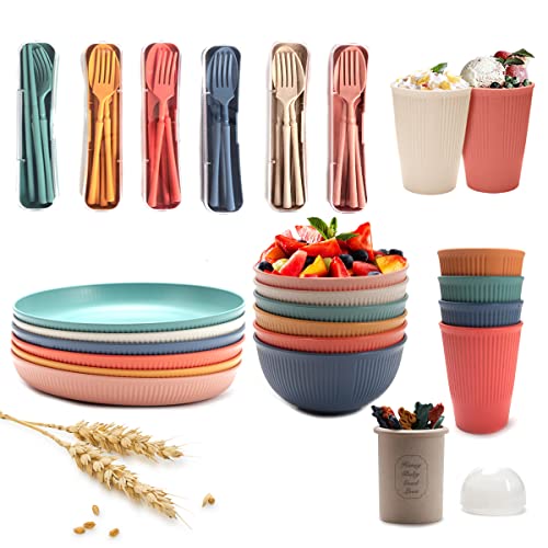 60pcs Wheat Straw Dinnerware Serving Sets for 6,Unbreakable Dinner Dishes,Colorful Lightweight Plates Bowls Cups Sets, Perfect for Camping, Picnic, Party, RV, Outdoor Barbecue, Microwave & Dishwasher Safe