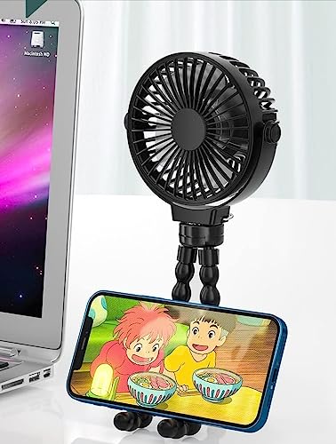 Battery Operated Portable Fan with Octopus Tripod, USB Rechargeable Personal Handheld Fan for Stroller, Car Seat, Outdoors, Camping - Black