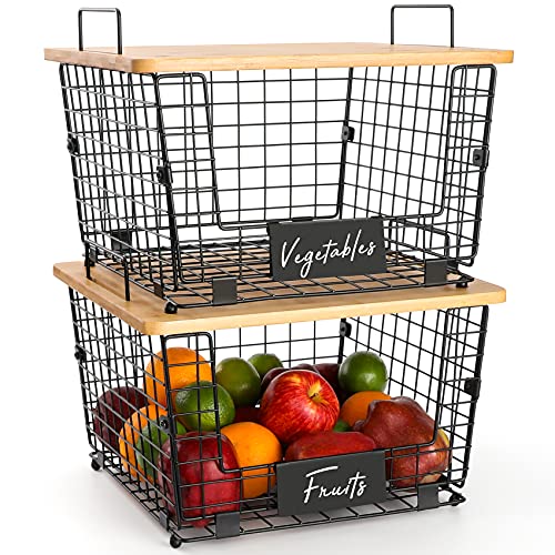 2 Set Kitchen Counter Basket with Bamboo Top - Pantry Cabinet Organization and Storage Wire Basket - Countertop Organizer for Produce, Fruit, Vegetable ( Onion, Potato ), Bread, K-Cup Coffee Pods