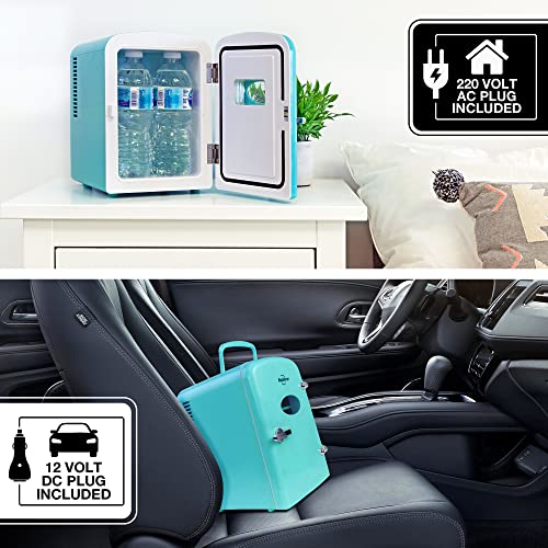 Koolatron Retro 4L 6 Can Portable Mini Fridge, Compact Car Refrigerator, Skincare Cosmetic Beauty Makeup Personal Cooler 12V and AC Cords Desktop Accessory for Bedroom Home Office Travel (Aqua)