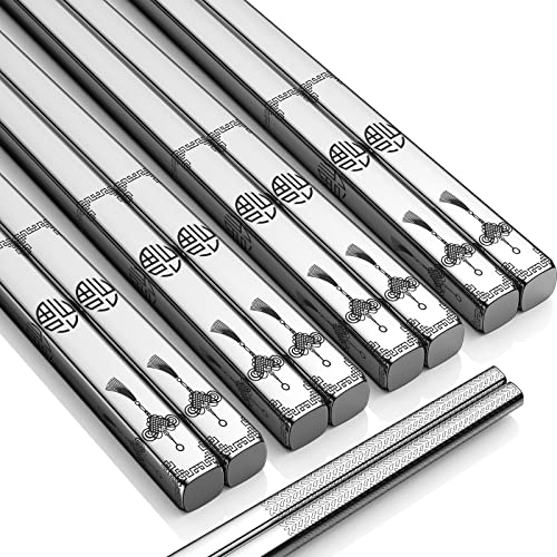 ZDPMK 5 Pairs Metal Chopsticks - Reusable Stainless Steel Chopsticks Laser Engraved Japanese Chinese Korean Chop Sticks with Non-Slip Square Design,Dishwasher Safe