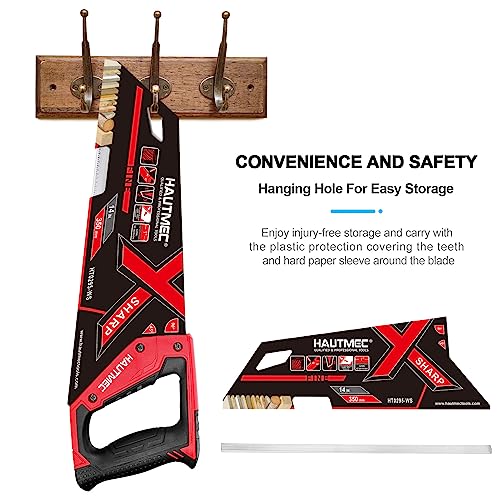 HAUTMEC 14 in. X-Sharp Hand Saw, 12 TPI Woodworking Handsaw, Soft-Grip Sharp SharpTooth for Cutting and Sawing Trees, Plastic Pipes, Drywall HT0295