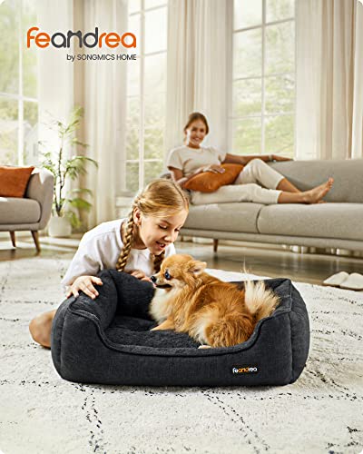 Feandrea PGW010G01 Dog Bed Linen Look Dog Basket Raised Edges Non-Slip Backing Removable Washable Cover M for Small Dogs 70 x 55 x 21 cm Dark Grey