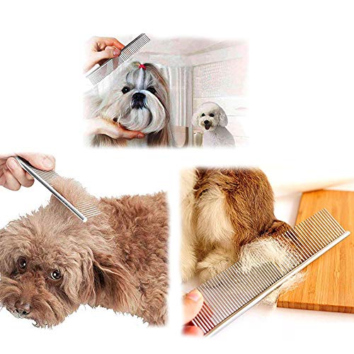 [2 Pack] HEYUS Pet Grooming Comb, Stainless Steel Pet Grooming Massaging Kit Dog Comb Steel Comb Pin Comb Dog Shedding Combs with Different Spaced Teeth Silver