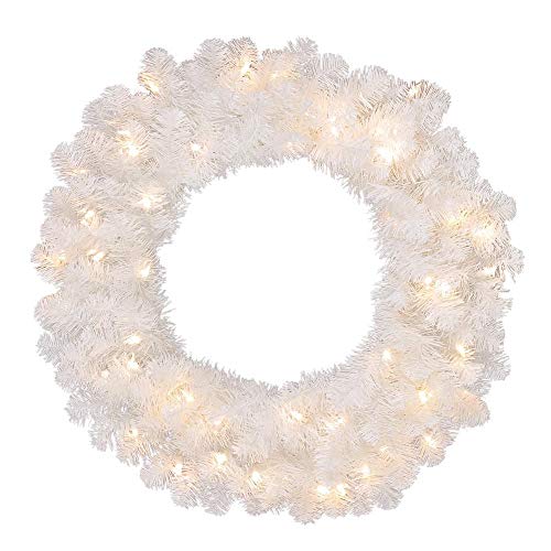 55cm Pre-Lit White Christmas Wreath Alaskan Pine for Fireplaces Home Wall Door Stair Artificial Xmas Tree Garden Yard Decorations with 30 Warm White LEDs