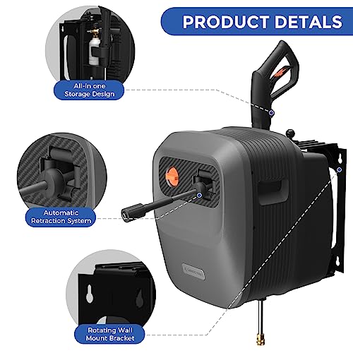 Giraffe Tools Grandfalls Pressure Washer G20B, Wall Mount Pressure Washer with 180° Rotating Bracket, 65ft Retractable Reel, Power Washer for Outdoor Cleaning, Bach Silver Case