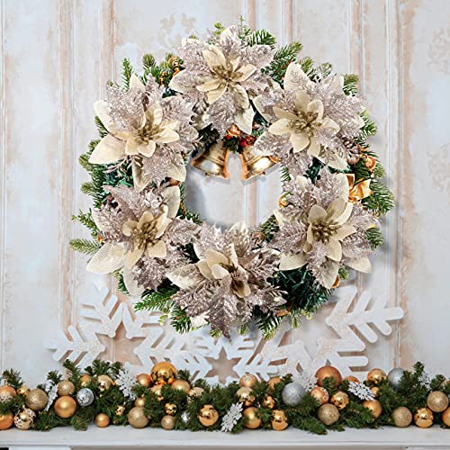 TOYANDONA 12Pcs Christmas Glitter Poinsettia Flowers, Christmas Tree Flower Decorations Artificial Flowers with Stems and Clips for Wedding Party Wreath (Champagne)