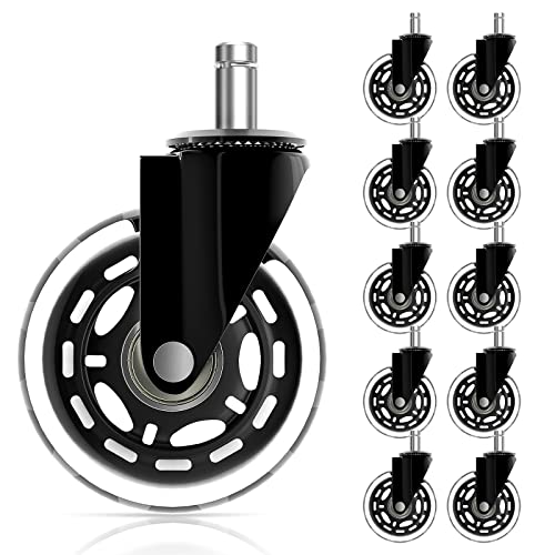 Office Chair Wheels for IKEA with 10mm Stem, HOSOM 3" Replacement Rubber Caster Wheels Set of 10 Safe for Wood Floor, Computer Gaming Chair Rollerblade Wheels Roll Smooth and Quite