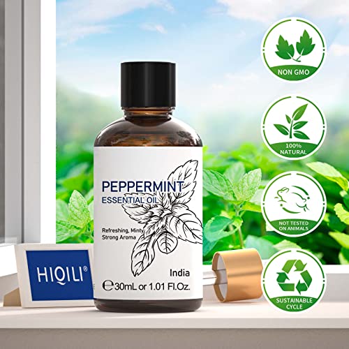 HIQILI Peppermint Essential Oil 1 Fl Oz, 100% Pure Undiluted Peppermint Oil for Spray, Diffuser, Soap, Shampoo, Roll On, Freshener - 30ml