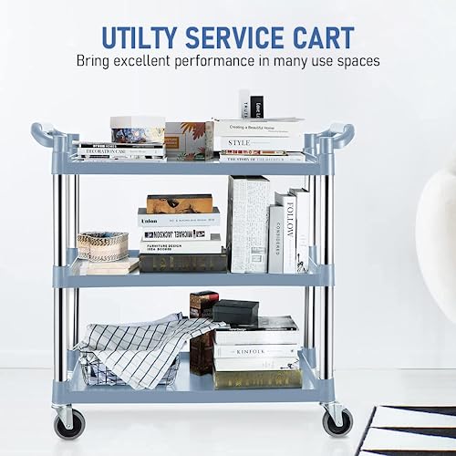 3 Tier Utility Service Cart Restaurant Rolling Cart Kitchen Push Cart Food Serving Trolley Cart with Wheels, Large Shelf Storage Trolley Heavy Duty Catering Cart for Bar Salon Warehouse Office