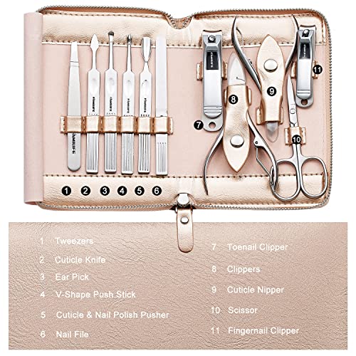 Manicure Set, FAMILIFE Professional Manicure Kit Nail Clippers Set 11 in 1 Stainless Steel Pedicure Tools Kit Grooming Kit with Portable Brown Leather Travel Case for Men (Gold)