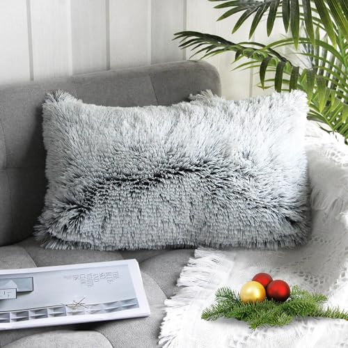Uhomy Home Decorative Luxury Series Super Soft Faux Fur Pillow Cover Cushion Case for Sofa Bedding Chair Car Gray Ombre 12x20 Inch 30x50 Cm, Single