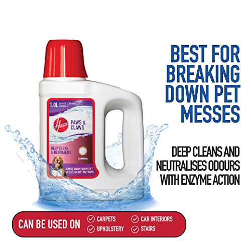 Hoover Paws & Claws Carpet Cleaning Solution, Deep Cleans & Neutralises odours, Deodorises Cat & Dog Messes, Enzyme Action, Sea Mineral, 1 Litre