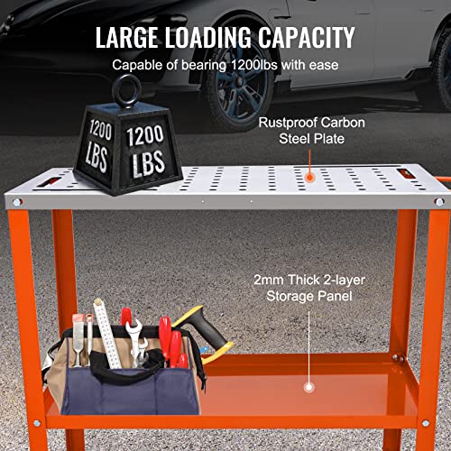 VEVOR 96 x 42 cm Welding Table, 544kg Load Capacity Steel Welding Workbench Table on Wheels, Portable Work Bench with Braking Lockable Casters, 4 Tool Slots, 5/8-inch Fixture Holes, Tool Tray