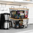 2 Set Kitchen Counter Basket with Bamboo Top - Pantry Cabinet Organization and Storage Wire Basket - Countertop Organizer for Produce, Fruit, Vegetable ( Onion, Potato ), Bread, K-Cup Coffee Pods