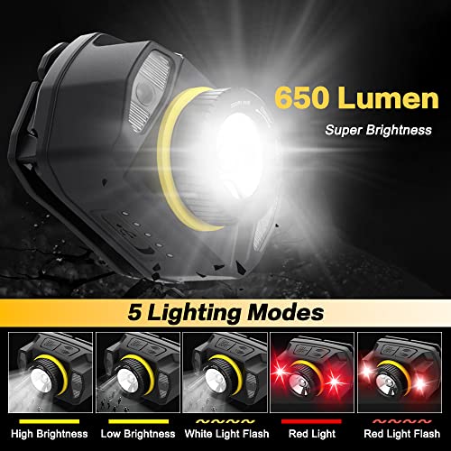 Necomi LED Rechargeable Headlamp,650 Lumens 1200mAh Battery 5 Modes Multi-Function Headlight Flashlight, Waterproof Head Torch with Red Light for Camping Running Cycling Fishing