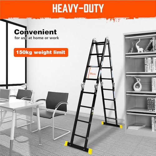 3.7M/4.7M/5.7M/6.7M Mult-Purpose Aluminium Folding Ladder Alloy Non-Slip Step Ladder Adjustable Extension Flexiable Working Platform Household 150Kg Loading (4.7M)