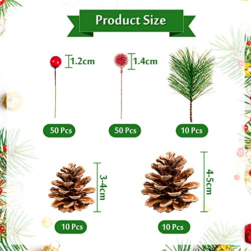 Whaline Christmas Wreath Making Decoration Artificial Pine Cone Berry Set Red Holly Berries Natural Pinecones Branches for Xmas Tree Ornament Home Fall Winter Christmas Party DIY Crafts, 130Pcs