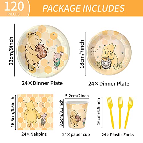 AURORAPARTY 1220pcs Classic Winnie Bear Baby Shower or Birthday Party Supplies Pooh Baby Shower Plates Napkins Cups Gender Neutral Birthday Decoration Tableware Set Serves 24