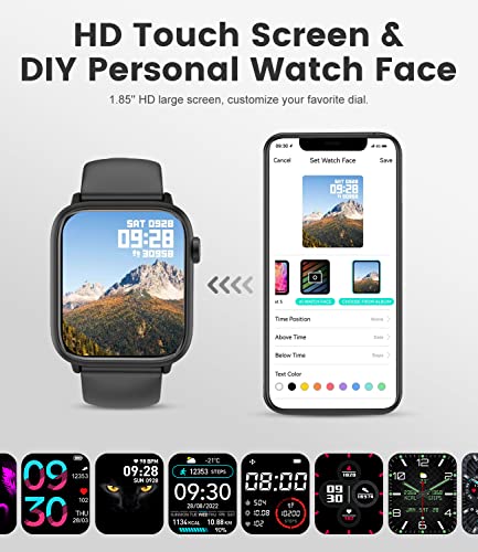 Smart Watch Men Women Bluetooth Answer Make Call for Android iOS Phone 123 Sport Modes Fitness Activity Tracker 1.85"Square Screen Heart Rate Sleep Monitor IP67 Waterproof Black Silicone Smartwatch