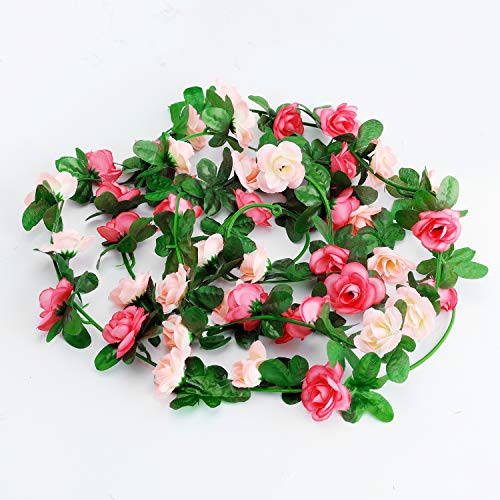 6pcs 15m Rose Vine Flowers Plants - BSTC Artificial Flower Fake Flowers Rose Vine Ivy Garlands Hanging for Wedding Party Garden Wall Decoration Silk Flowers Pink