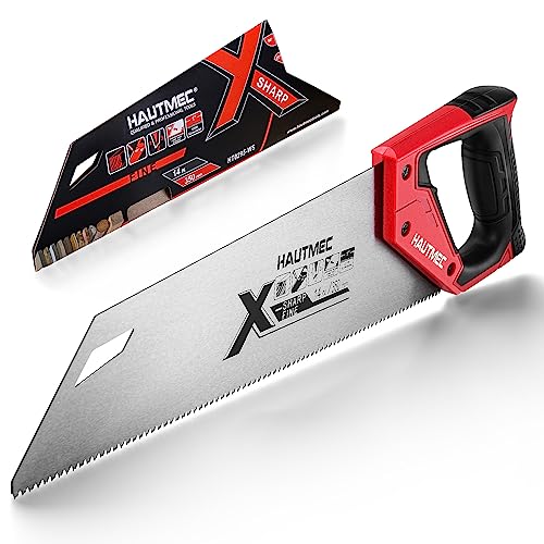 HAUTMEC 14 in. X-Sharp Hand Saw, 12 TPI Woodworking Handsaw, Soft-Grip Sharp SharpTooth for Cutting and Sawing Trees, Plastic Pipes, Drywall HT0295