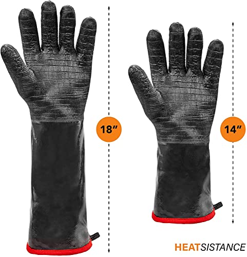 Heat Resistant BBQ Gloves, Long Sleeve Grill Gloves, Textured Gripto Handle Wet, Geasy or Oily Foods Fire and Food Safe Turkey Fryer Grill Oven Mitts for Smoker, Grilling and Barbecue Small 18"