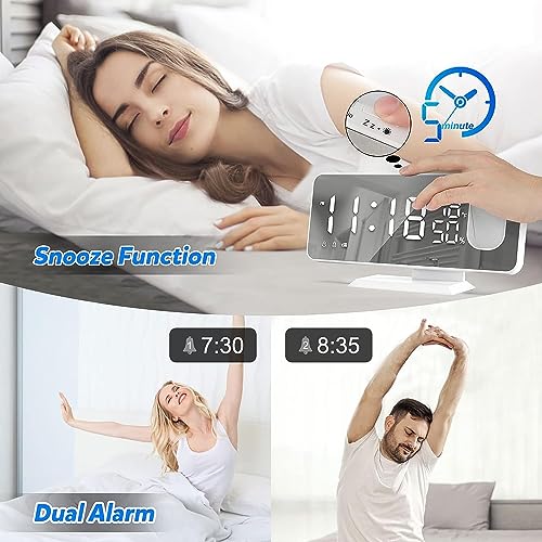 Projection Digital Alarm Clock for Bedroom, Beedove FM Radio Alarm Clock, Dual Alarm Clock with 3 Dimmer,Snooze,Timer,180°Rotatable Ceiling Projection Alarm Clock for Home Decor, Desk, Office, White