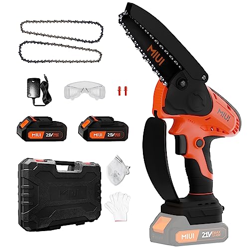 MIUI Mini Chainsaw 6 Inch, Cordless Handheld Chainsaw with 2 Batteries and 2 Chains, Handheld Portable Electric Chainsaw with Safety Lock,One-Hand Use Electric Chainsaw,for Tree Trimming Wood Cutting