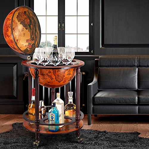 Maxkon Antique Globe Bar Mini Wine Stand Rack Wooden Drinks Trolley Wine Storage Liquor Cabinet Alcohol Serving Cart Mid-Century