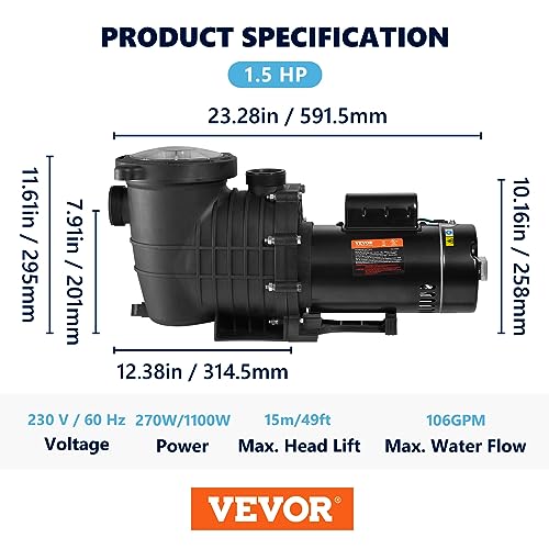 VEVOR 230V 1.5HP Pool Pump, Dual Speed Pool Pump 5400GPH, 1100W Powerful Self Primming, Pool Pump In/Aboveground with Strainer Filter Basket, 2 Pipe Fittings, Energy Saving