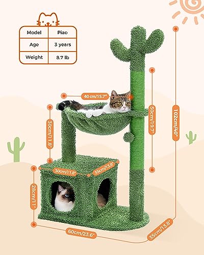 PAWZ Road Cactus Cat Tree 102cm Cat Tower Cat Scratching Post with Cat Condo, Large Hammock and Dangling Balls for Indoor Cats
