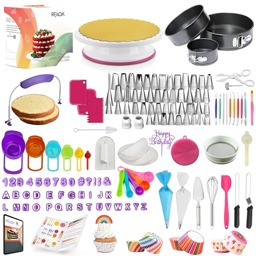 360 Pcs Cake Decorating Supplies Kit with Baking Supplies-Springform Pan Set-Cake Turntable stand-55 Numbered Piping Tips & Bags-7 Russian Tips -Icing Spatulas- Fondant Tools-Measuring Cups & Spoons