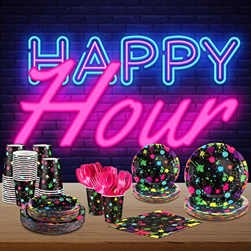 Yingzhao 180 Pcs Neon Birthday Party Paper Plates and Napkins Cups Supplies Disposable Glow Tableware Decorations Utensils Included for Glow in the Dark Party Decorations, Serve 30 Guests