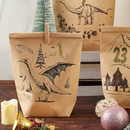 Advent Calendar for Filling - with 24 Brown Gift Bags and 24 Number Stickers - Dinosaur Motif Calendar - for Crafts - Christmas & Advent for Children Boys and Girls