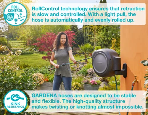 GARDENA 8055-100 Foot Wall Mounted Retractable Reel with Hose Guide, Automatic retraction for Easy Watering