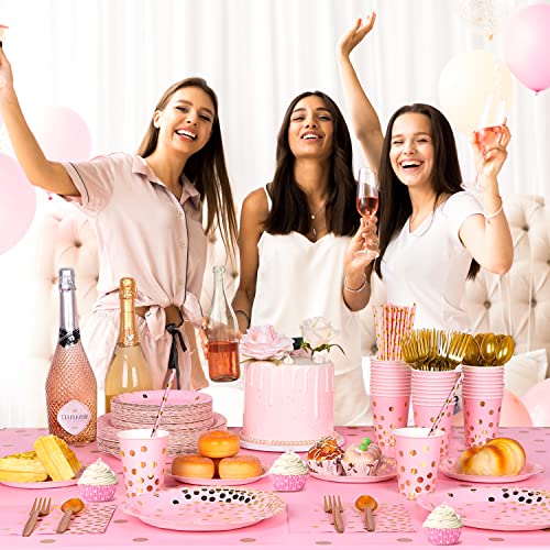 Pink & Gold Party Tableware Set, 193pcs Pink Dot Tableware Set - Pink and Gold Paper Plates Cups Napkins & Pink Gold Polka Dot Tablecloth etc Pink and Gold Party Supplies Tableware