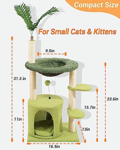 Cat Tree House 31.5 Inches Small Cat Tower with Cozy Condo & Hammock, Sisal Scratching Post & Interactive Ball for Indoor Cats Kittens (Green Small)