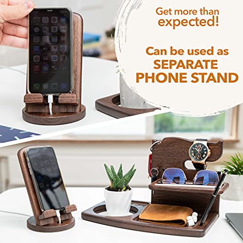 Wood Phone Docking Station Ash Key Holder Wallet Stand Watch Organizer Men Gift Birthday Nightstand Purse Tablet Watch