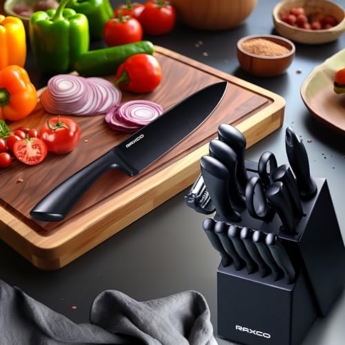 RAXCO Knife Set, Kitchen Knife Set,Knife Block Set, Chef Knife Set with Block for Kitchen, Black Knife Set,Steak Knives,Knife Sharpner,Black…