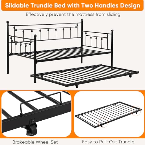 Dolonm Twin Size Daybed with Trundle, Modern 2 in 1 Sofa Metal Bed Frame, Pull-Out Trundle Daybed, Slat Support Sofa Bed Frame for Bedroom Living Room Guest Room, No Box Spring Needed, Black