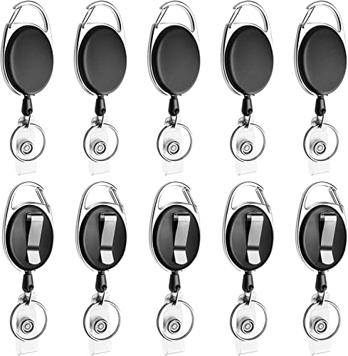 Retractable Badge Reel with Carabiner Belt Clip and Key Ring for ID Card Key Keychain Badge Holder Black 10 Pack