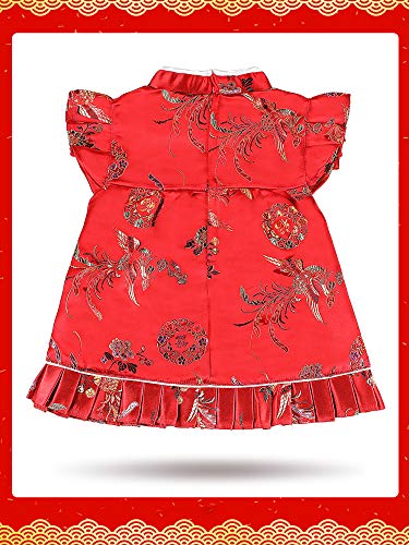 Baby Qipao Girls Chinese New Year Sleeveless Dress with Chinese Style Tassel Hair Clips and Velvet Baby Stockings (1-2 Years)