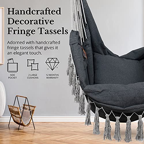 KOMOREBI Hammock Chair | Hanging Rope Swing for Indoor & Outdoor | Soft & Durable Cotton Canvas | 2 Cushions Included | Large Macrame Hanging Chair with Pocket for Bedroom, Patio, Porch (Grey)