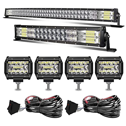 LED Light Bar KEENAXIS 52 Inch 300W 22 Inch 120W Curved Spot Flood Combo Light Bars 4Pcs 4 Inch 60W Led Pods Cubes Lights for Trucks Jeep ATV UTV Boat with 3-Leads Wiring