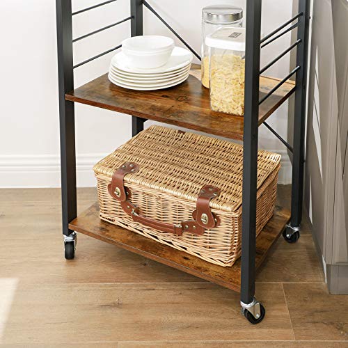 VASAGLE Kitchen Shelf on Wheels Serving Trolley with 3 Shelves Metal Frame with 6 Hook Rustic Brown KKS60XV1